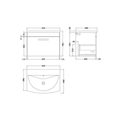 [BFRI040G] Millwich Contemporary 1 Drawer Wall Hung Vanity Unit with Curved Basin - Choice of Size and Colour - Technical Drawing