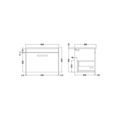 [BFRI040LBG] Millwich Contemporary 1 Drawer Wall Hung Vanity Unit with Bellato Grey Laminate Worktop - Choice of Size and Colour - Technical Drawing