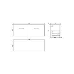 [BFRI040LCM2] Millwich Contemporary 2 Drawer Wall Hung Vanity Unit with Carrera Marble Laminate Worktop - Choice of Colour - Technical Drawing