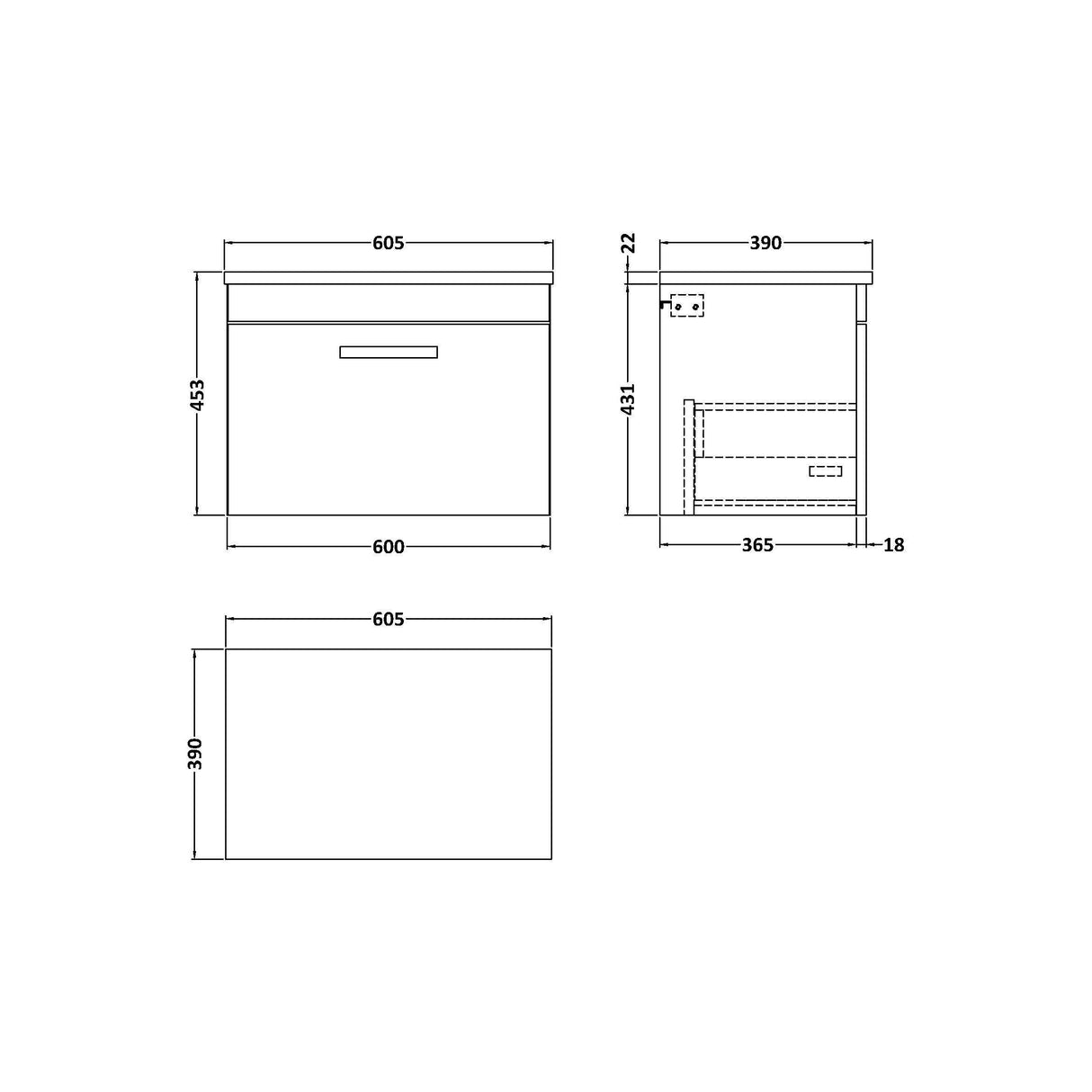 [BFRI040LCM] Millwich Contemporary 1 Drawer Wall Hung Vanity Unit with Carrera Marble Laminate Worktop - Choice of Size and Colour - Technical Drawing