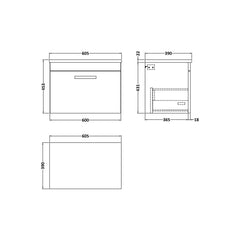 [BFRI040LCM] Millwich Contemporary 1 Drawer Wall Hung Vanity Unit with Carrera Marble Laminate Worktop - Choice of Size and Colour - Technical Drawing