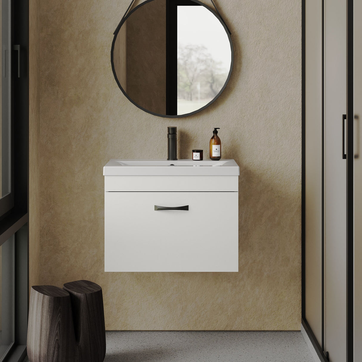 [BFRI041A17] Rio 1 Drawer Wall Hung Vanity Basin Unit - 600mm - Gloss White with Black D-shaped handle (Tap Not Included) - Balterley - Lifestyle 1
