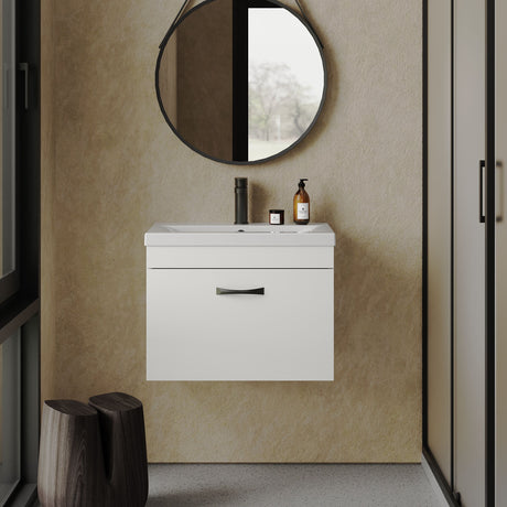 [BFRI041A17] Rio 1 Drawer Wall Hung Vanity Basin Unit - 600mm - Gloss White with Black D-shaped handle (Tap Not Included) - Balterley - Lifestyle 1