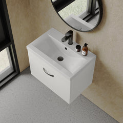 [BFRI041A17] Rio 1 Drawer Wall Hung Vanity Basin Unit - 600mm - Gloss White with Black D-shaped handle (Tap Not Included) - Balterley - Lifestyle 2