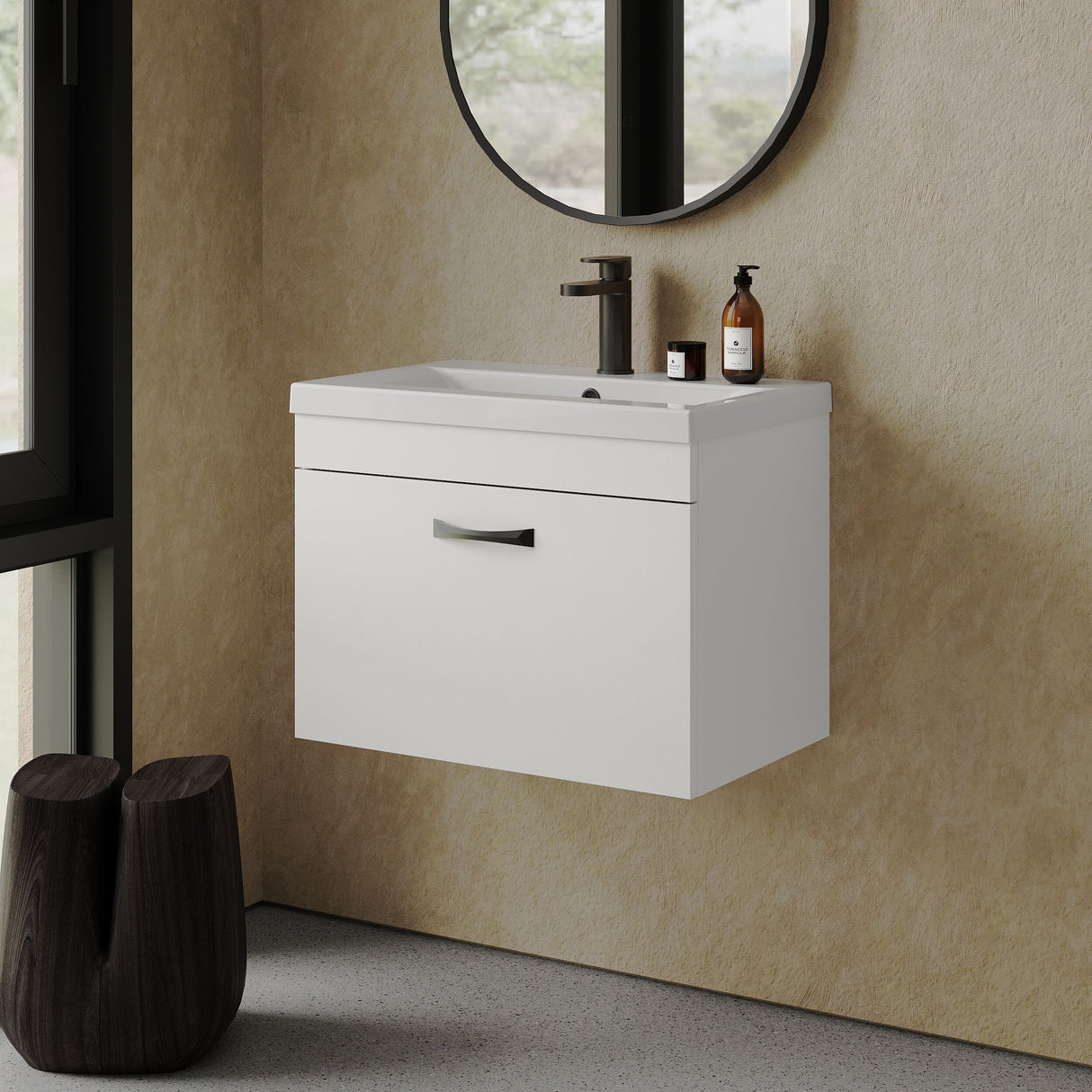 [BFRI041A17] Rio 1 Drawer Wall Hung Vanity Basin Unit - 600mm - Gloss White with Black D-shaped handle (Tap Not Included) - Balterley - Lifestyle 3