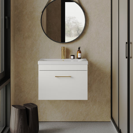 [BFRI041A68] Rio 1 Drawer Wall Hung Vanity Basin Unit - 600mm - Gloss White with Brushed Brass D-shaped handle (Tap Not Included) - Lifestyle 1