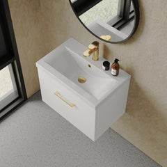 [BFRI041A68] Rio 1 Drawer Wall Hung Vanity Basin Unit - 600mm - Gloss White with Brushed Brass D-shaped handle (Tap Not Included) - Lifestyle 2