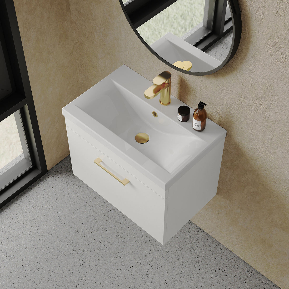 [BFRI041A68] Millwich 1 Drawer Wall Hung Vanity Basin Unit with Brushed Brass Handle, Choice of Size and Colour
