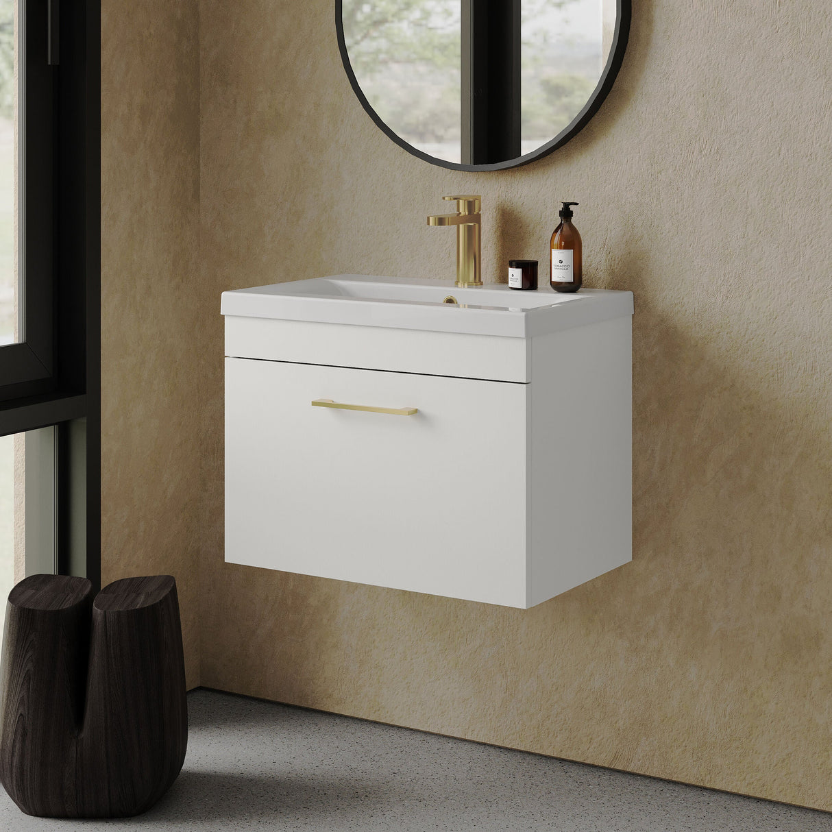 [BFRI041A68] Millwich 1 Drawer Wall Hung Vanity Basin Unit with Brushed Brass Handle, Choice of Size and Colour