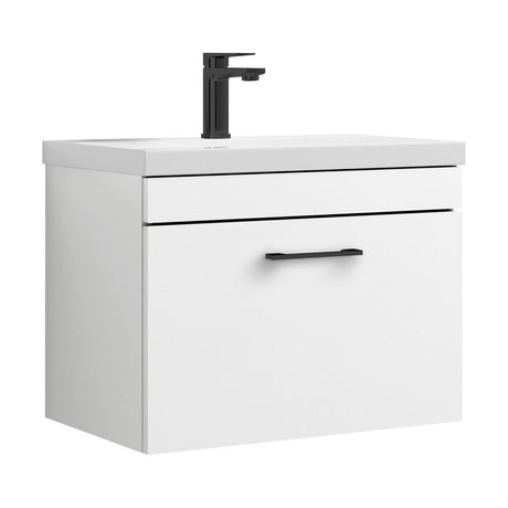 [BFRI041A69] Rio 1 Drawer Wall Hung Vanity Basin Unit - 600mm - Gloss White with Square Black D-shaped handle (Tap Not Included) - Balterley - Cutout