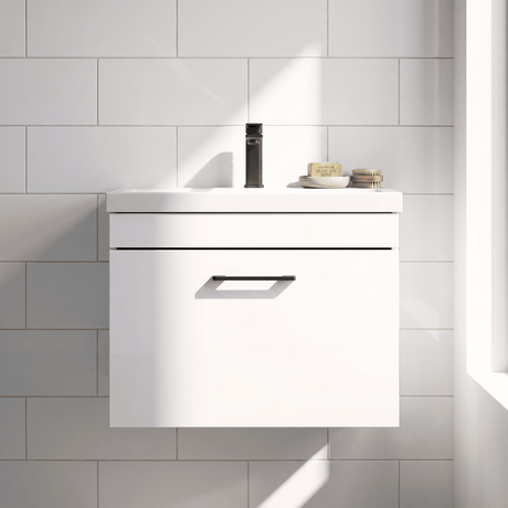 [BFRI041A69] Millwich 1 Drawer Wall Hung Vanity Basin Unit with Black Handle, Choice of Size and Colour - Silo