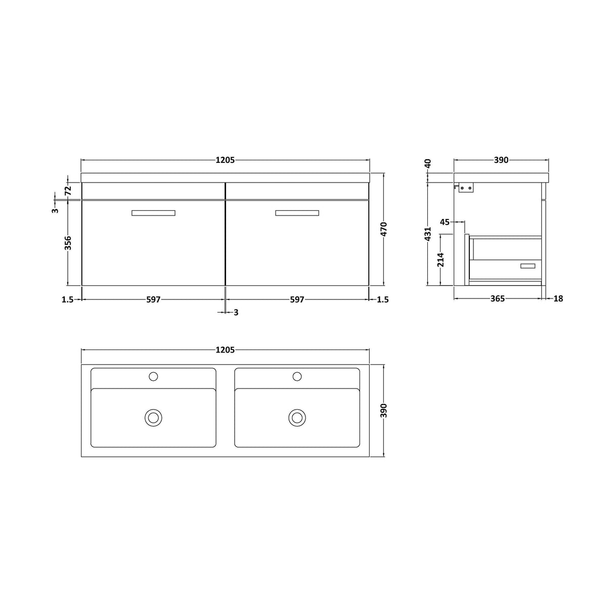 [BFRI041F] Millwich Contemporary 2 Drawer Wall Hung Vanity Unit with Basin, Gloss White, 1200mm - Technical Drawing