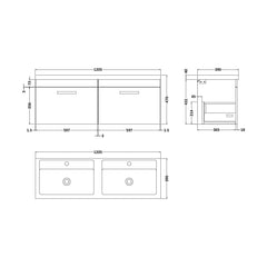 [BFRI041F] Millwich Contemporary 2 Drawer Wall Hung Vanity Unit with Basin, Gloss White, 1200mm - Technical Drawing