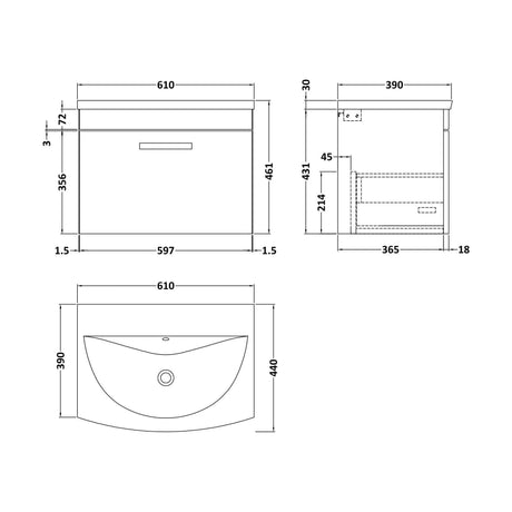 [BFRI041G] Millwich Contemporary 1 Drawer Wall Hung Vanity Unit with Curved Basin, Gloss White, 600mm - Technical Drawing