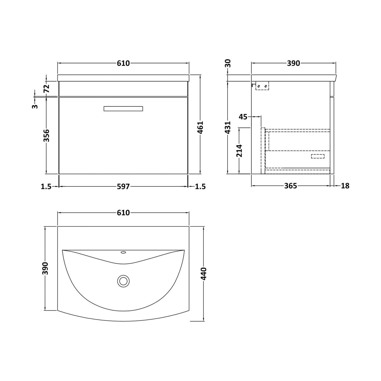 [BFRI041G] Millwich Contemporary 1 Drawer Wall Hung Vanity Unit with Curved Basin - Choice of Size and Colour - Technical Drawing