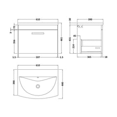[BFRI041G] Millwich Contemporary 1 Drawer Wall Hung Vanity Unit with Curved Basin - Choice of Size and Colour - Technical Drawing