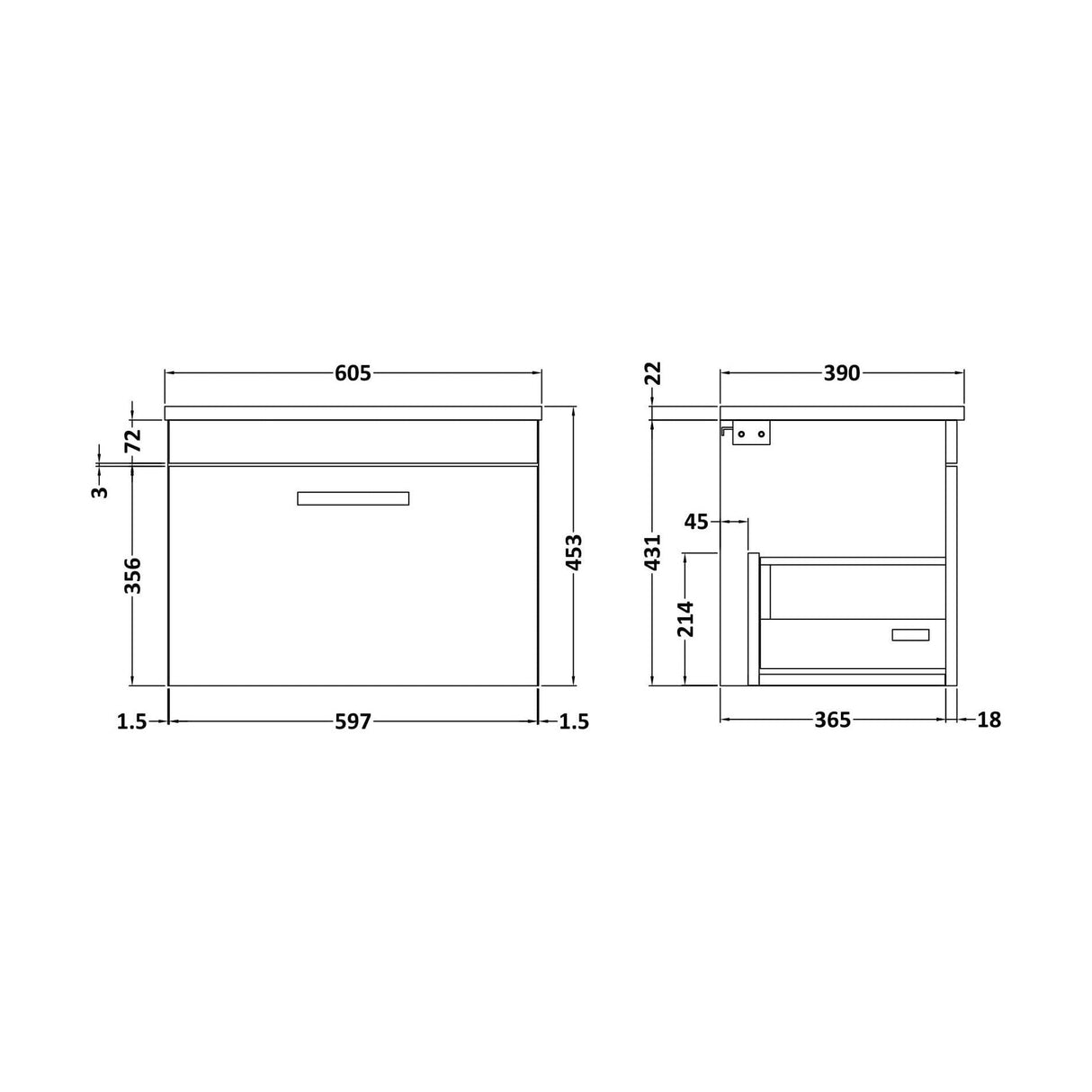 [BFRI041LBG] Millwich Contemporary 1 Drawer Wall Hung Vanity Unit with Laminate Black Galaxy Granite Worktop, 600mm - Technical Drawing