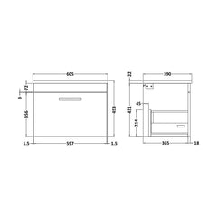 [BFRI041LBG] Millwich Contemporary 1 Drawer Wall Hung Vanity Unit with Laminate Black Galaxy Granite Worktop, 600mm - Technical Drawing
