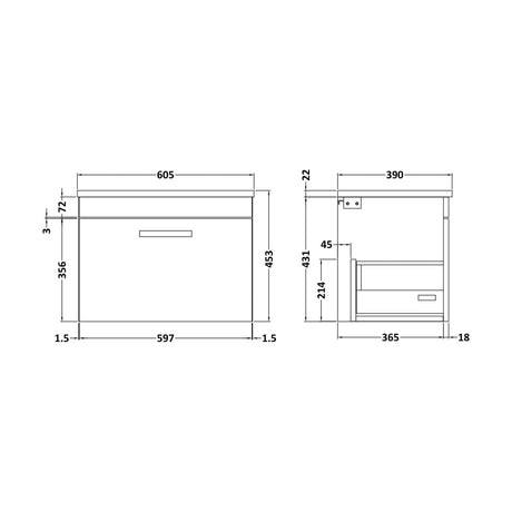 [BFRI041LBG] Millwich Contemporary 1 Drawer Wall Hung Vanity Unit with Laminate Black Galaxy Granite Worktop, 600mm - Technical Drawing