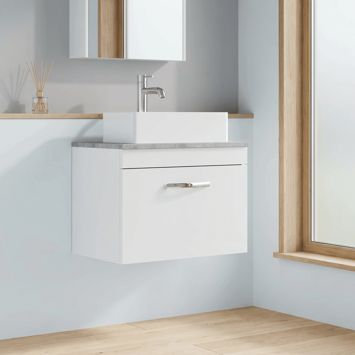 [BFRI041LBG] Millwich Contemporary 1 Drawer Wall Hung Vanity Unit with Bellato Grey Laminate Worktop - Choice of Size and Colour