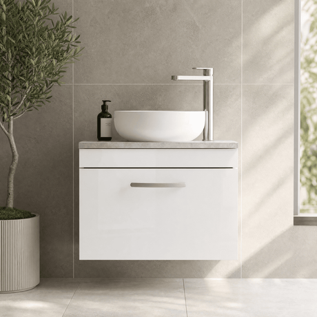 [BFRI041LBG] Millwich Contemporary 1 Drawer Wall Hung Vanity Unit with Bellato Grey Laminate Worktop - Choice of Size and Colour - Silo