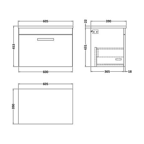 [BFRI041LCM] Millwich Contemporary 1 Drawer Wall Hung Vanity Unit with Laminate Carrara Marble Worktop, Gloss White, 600mm - Technical Drawing