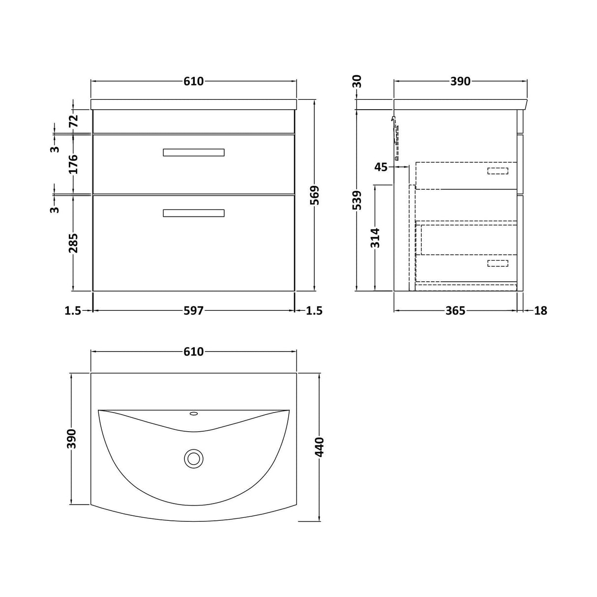 [BFRI046G] Millwich Contemporary 2 Drawer Wall Hung Vanity Unit with Curved Basin, Anthracite Woodgrain, 600mm - Technical Drawing