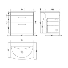[BFRI046G] Millwich Contemporary 2 Drawer Wall Hung Vanity Unit with Curved Basin, Anthracite Woodgrain, 600mm - Technical Drawing