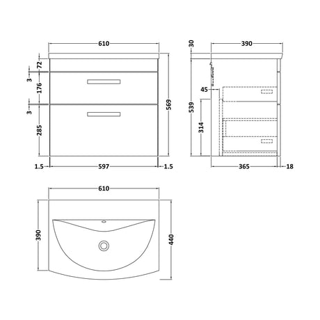 [BFRI046G] Millwich Contemporary 2 Drawer Wall Hung Vanity Unit with Curved Basin, Anthracite Woodgrain, 600mm - Technical Drawing