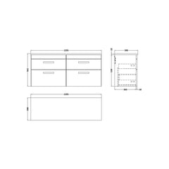 [BFRI046LBG2] Millwich Contemporary 4 Drawer Wall Hung Vanity Unit with Bellato Grey Laminate Worktop - Choice of Colour - Technical Drawing