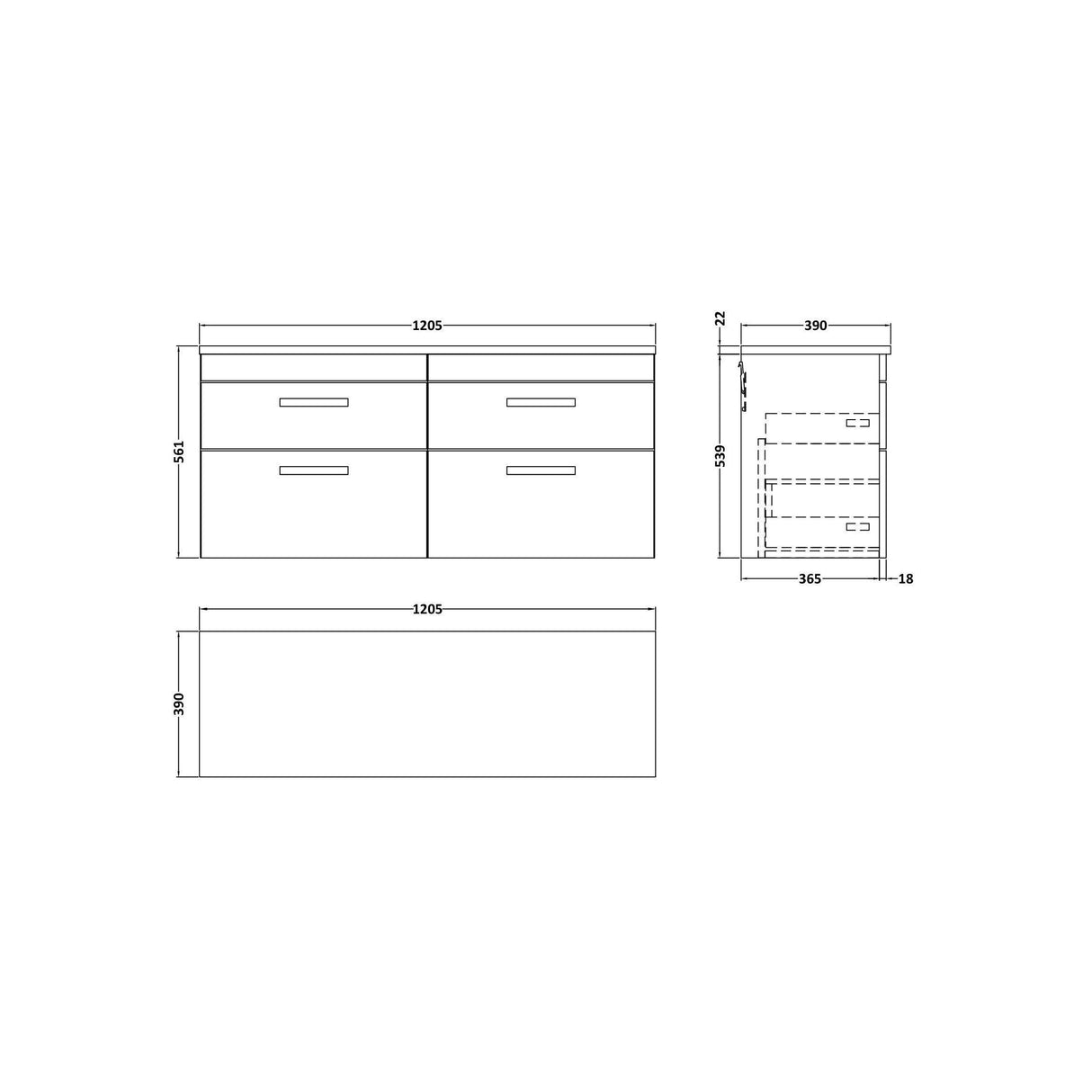 [BFRI046LCM2] Millwich Contemporary 4 Drawer Wall Hung Vanity Unit with Carrera Marble Laminate Worktop - Choice of Colour - Technical Drawing