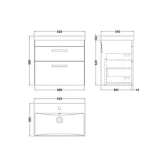 [BFRI047D] Millwich Contemporary 2 Drawer Wall Hung Vanity Unit with Thin Edge Basin - Choice of Size and Colour - Technical Drawing