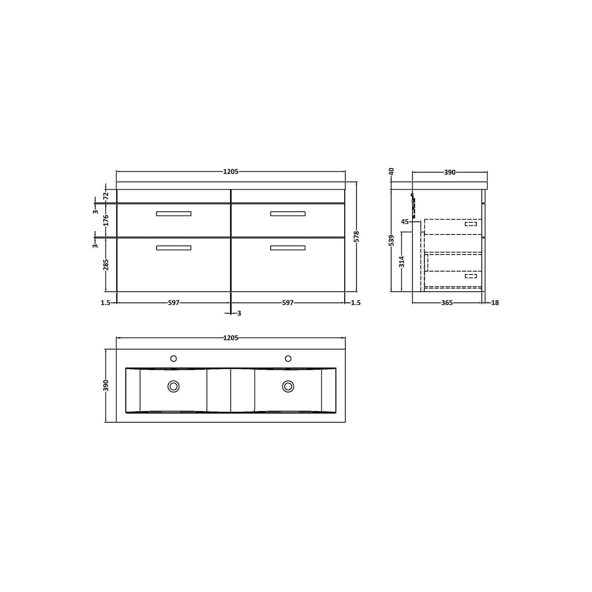 [BFRI047F] Millwich Contemporary 4 Drawer Wall Hung Vanity Unit with Basin - Choice of Colour - Technical Drawing