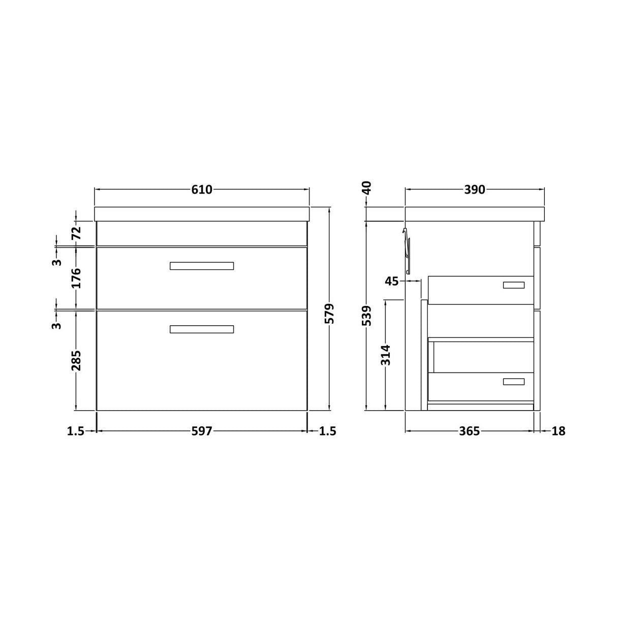 [BFRI048A17] Rio 2 Drawer Wall Hung Vanity Basin Unit - 600mm - Gloss White with Black D-shaped handles (Tap Not Included) - Balterley - Technical Drawing