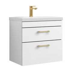 [BFRI048A68] Rio 2 Drawer Wall Hung Vanity Basin Unit - 600mm - Gloss White with Brushed Brass D-shaped handles (Tap Not Included) - Cutout