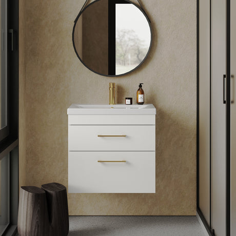 [BFRI048A68] Rio 2 Drawer Wall Hung Vanity Basin Unit - 600mm - Gloss White with Brushed Brass D-shaped handles (Tap Not Included) - Lifestyle 1