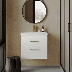 [BFRI048A68] Millwich 2 Drawer Wall Hung Vanity Basin Unit with Brushed Brass Handle, Choice of Size and Colour