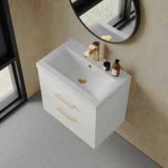 [BFRI048A68] Rio 2 Drawer Wall Hung Vanity Basin Unit - 600mm - Gloss White with Brushed Brass D-shaped handles (Tap Not Included) - Lifestyle 2