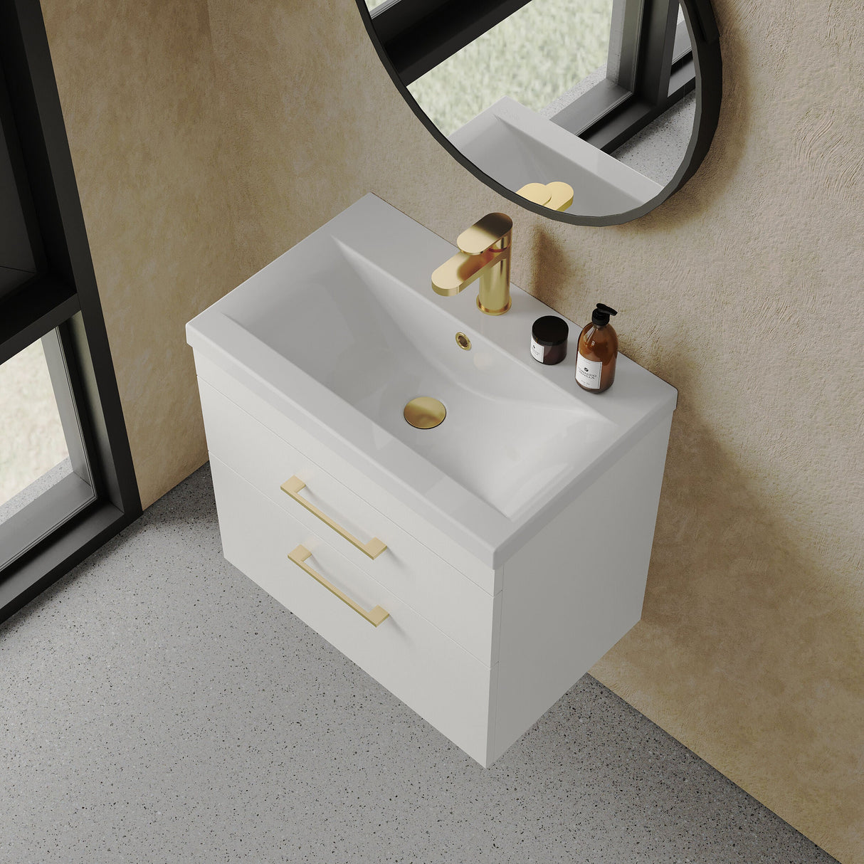 [BFRI048A68] Millwich 2 Drawer Wall Hung Vanity Basin Unit with Brushed Brass Handle, Choice of Size and Colour