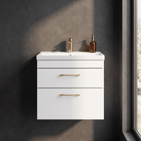 [BFRI048A68] Millwich 2 Drawer Wall Hung Vanity Basin Unit with Brushed Brass Handle, Choice of Size and Colour - Silo