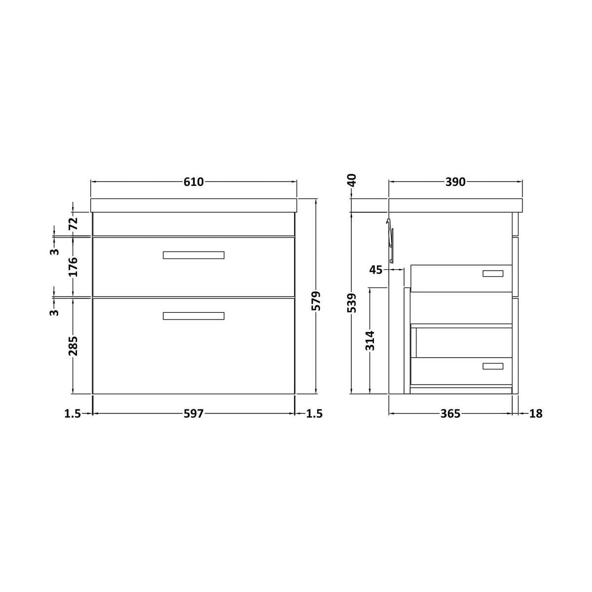 [BFRI048A69] Millwich 2 Drawer Wall Hung Vanity Basin Unit with Black Handle, Choice of Size and Colour - Technical Drawing