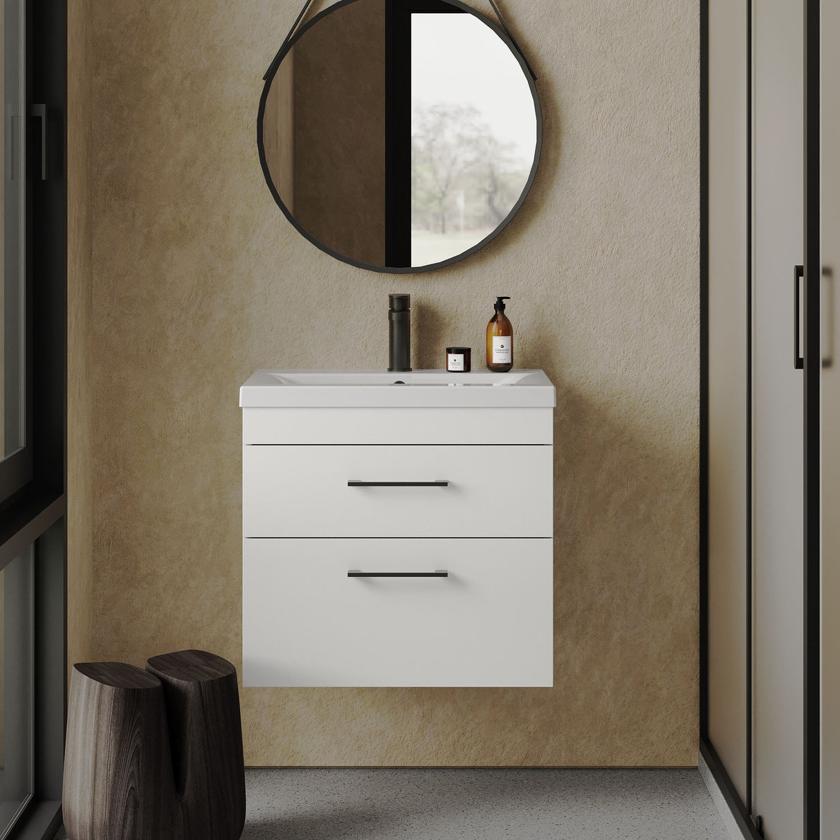 [BFRI048A69] Rio 2 Drawer Wall Hung Vanity Basin Unit - 600mm - Gloss White with Square Black D-shaped handles (Tap Not Included) - Balterley - Lifestyle 1