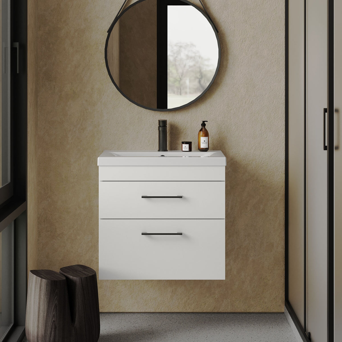 [BFRI048A69] Millwich 2 Drawer Wall Hung Vanity Basin Unit with Black Handle, Choice of Size and Colour - Lifestyle 1