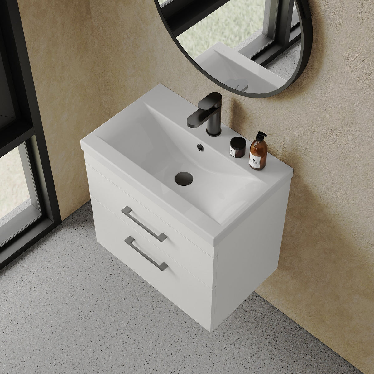 [BFRI048A69] Millwich 2 Drawer Wall Hung Vanity Basin Unit with Black Handle, Choice of Size and Colour - Lifestyle 2