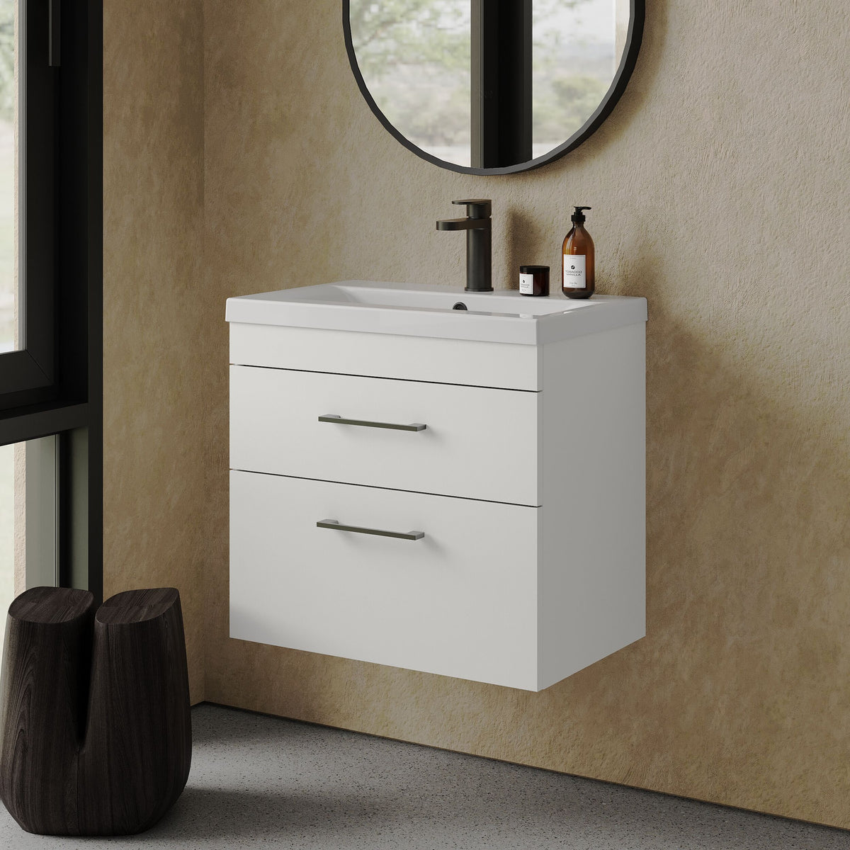 [BFRI048A69] Millwich 2 Drawer Wall Hung Vanity Basin Unit with Black Handle, Choice of Size and Colour - Lifestyle 3