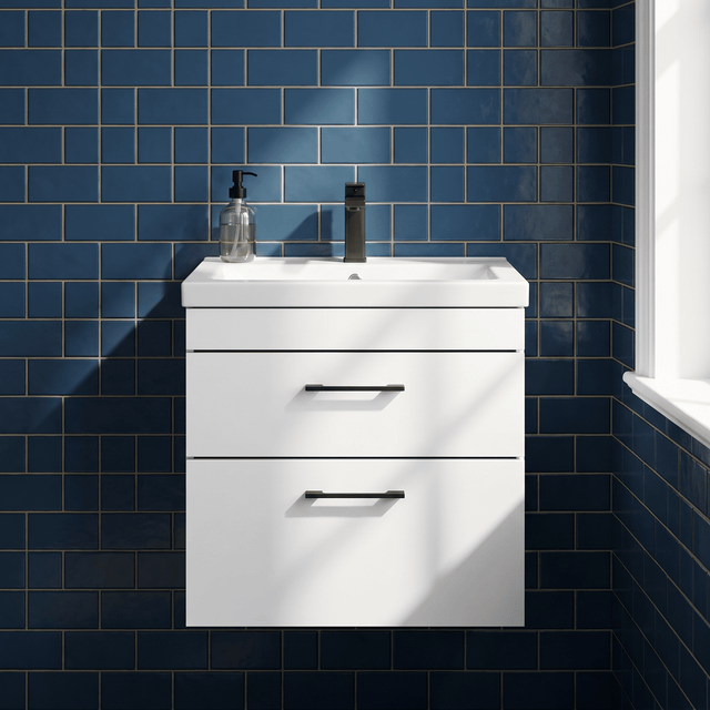 [BFRI048A69] Rio 2 Drawer Wall Hung Vanity Basin Unit - 600mm - Gloss White with Square Black D-shaped handles (Tap Not Included) - Balterley - Silo