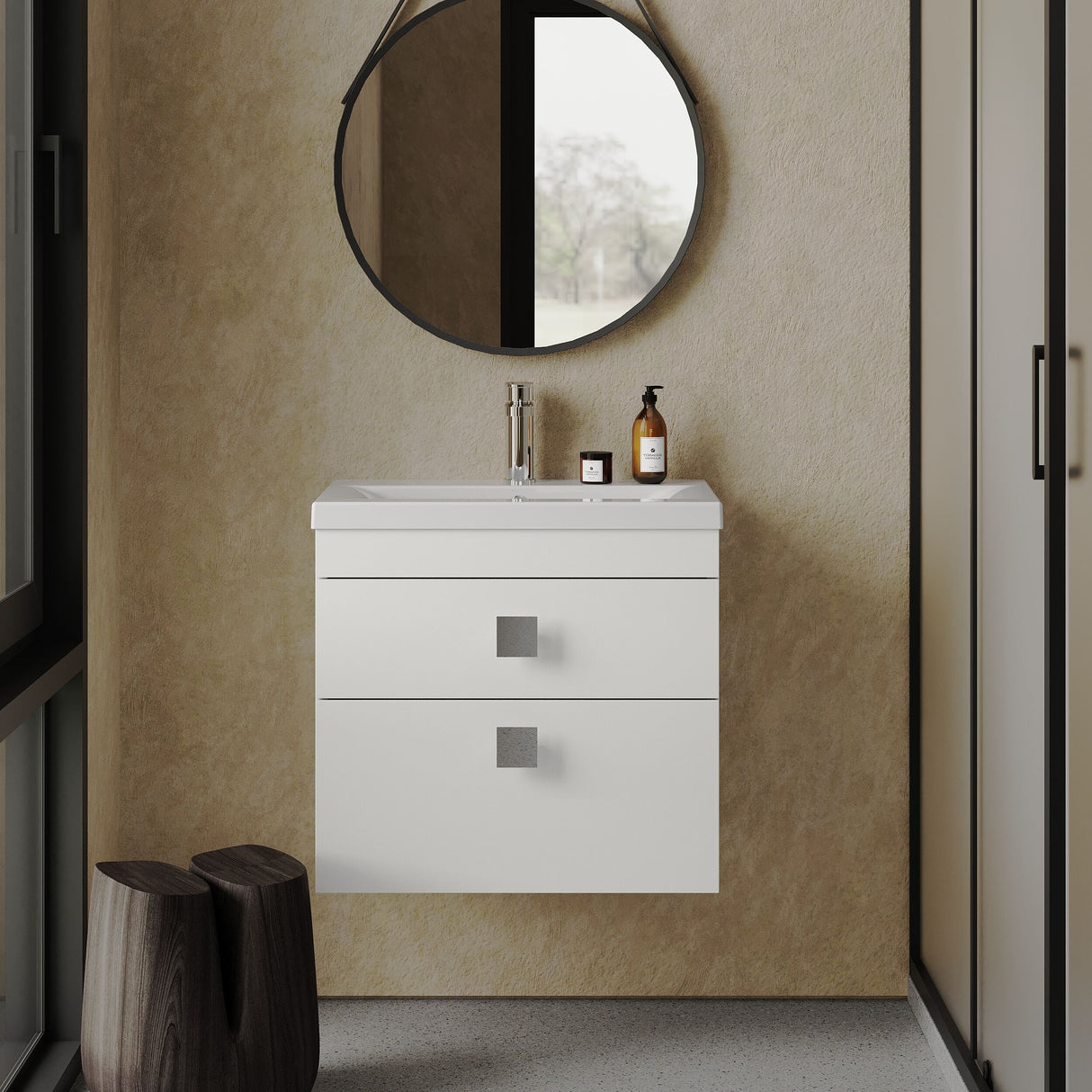 [BFRI048A7] Rio 2 Drawer Wall Hung Vanity Basin Unit - 600mm - Gloss White with Chrome Square Handles (Tap Not Included) - Lifestyle 1
