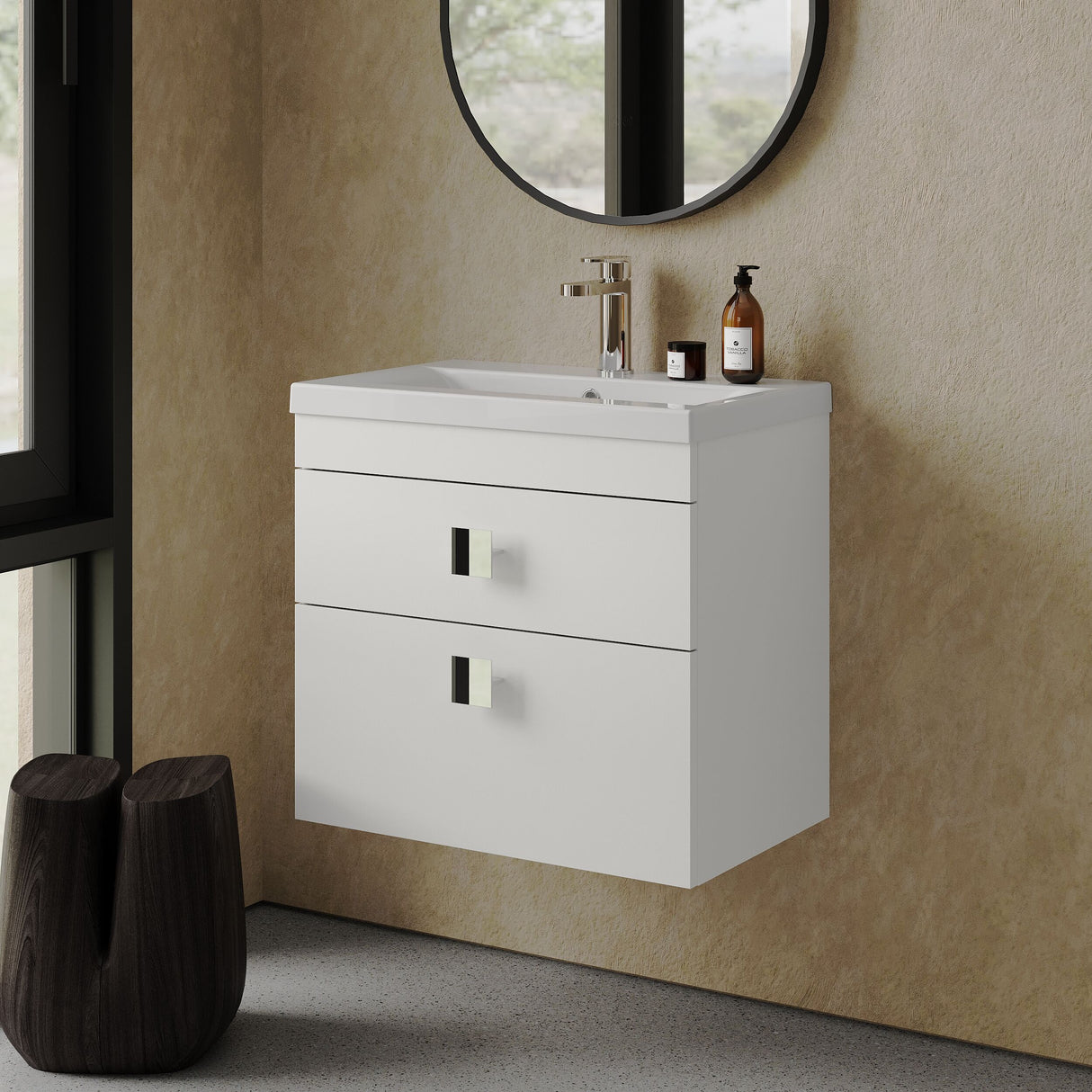 [BFRI048A7] Rio 2 Drawer Wall Hung Vanity Basin Unit - 600mm - Gloss White with Chrome Square Handles (Tap Not Included) - Lifestyle 3