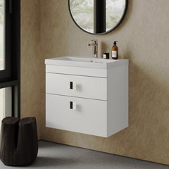 [BFRI048A7] Rio 2 Drawer Wall Hung Vanity Basin Unit - 600mm - Gloss White with Chrome Square Handles (Tap Not Included) - Lifestyle 3