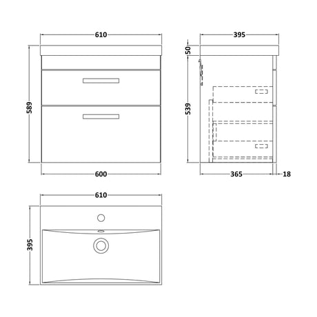 [BFRI048D] Millwich Contemporary 2 Drawer Wall Hung Vanity Unit with Thin Edge Basin, Gloss White, 600mm - Technical Drawing